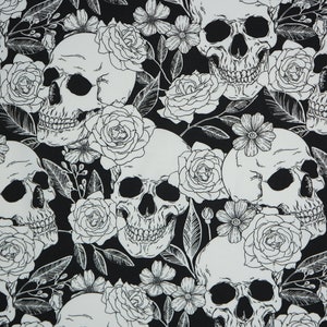 Skulls and Roses Fabric, Skulls and Roses in Black and White by Fabric Traditions Novelty Cotton Fabric