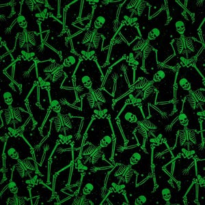 Tela de Halloween con esqueletos que brillan en la oscuridad, tela de algodón para patchwork Benartex con estampado de esqueletos sobre fondo negro que brilla en la oscuridad, modelo 12542G-12B imagen 2