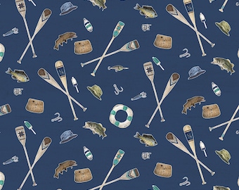 Fishing Fabric, Fishing Icons on Navy Blue Wake by the Lake Quilting Cotton by Riley Blake Quilting Cotton Fabric, C14892-NAVY