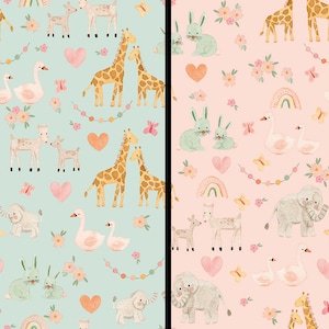 Baby Girl Animal Premium Flannel Fabric by Riley Blake on Mint or Pink Noah's Ark Nursery Flannel Fabric, Giraffes Elephants Bunnies Swans