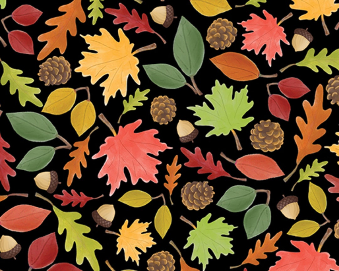 Fall Leaves Fabric, Leafy Fall Fun Black by Andi Metz for Benartex ...