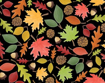 Fall Leaves Fabric, Leafy Fall Fun Black by Andi Metz for Benartex Kanvas Studio Quilting Cotton Fabric, Thanksgiving Fabric, Fall Fabric