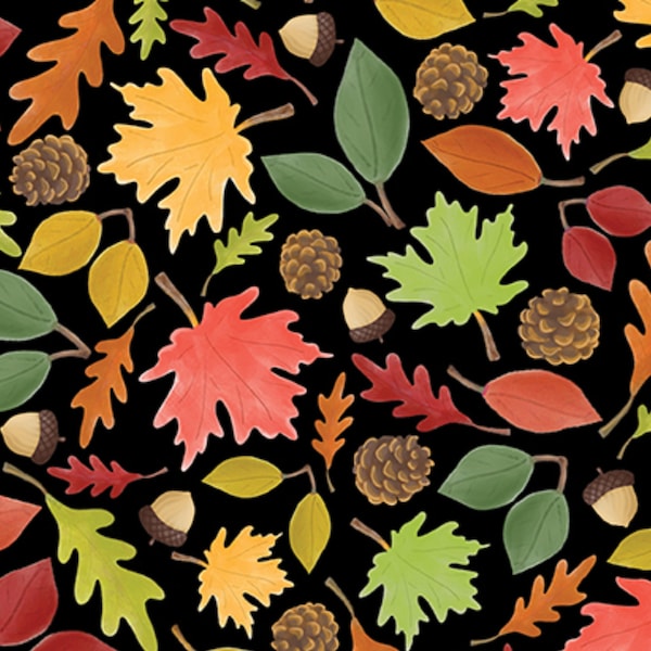 Fall Leaves Fabric, Leafy Fall Fun Black by Andi Metz for Benartex Kanvas Studio Quilting Cotton Fabric, Thanksgiving Fabric, Fall Fabric