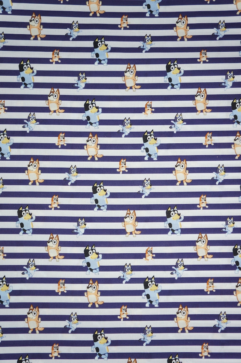 Bluey Fabric, Bluey and Family on White and Blue Stripe Licensed by ...