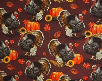 Turkey Fabric, Turkey with Pumpkin,  Burgandy Turkey Town by David Textiles Thanksgiving Novelty Cotton Fabric, Thanksgiving Fabric