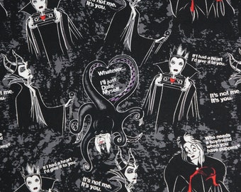 Disney Villans Love Memes Licensed Disney Novelty Cotton Fabric, Maleficent, Ursula, Cruella, Evil Queen Anti Valentine Fabric