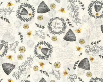 Honey Bee Fabric, Bee Hives Sunflowers and Phrases on Cream by Hi Fashion Fabrics Quilting Cotton Fabric, Motivational Bee Words