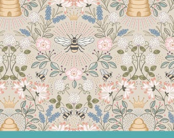 Wide Back Bee Fabric, Beehive on Dark Cream Wide Back 108" Lewis and Irene Quilting Cotton Fabric W15 Bee Quilt Backing, Continuous Yardage