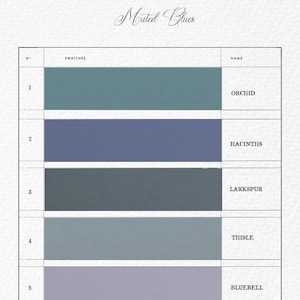 May include: A color chart with six muted blue paint swatches labeled with the names Orchid, Hacinths, Larkspur, Thistle, Bluebell, and Astrantia.