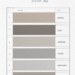 Könnte beinhalten: Eine Farbkarte mit sechs gedeckten Brauntönen, Beige- und Grautönen. Die Karte ist mit "Muted Jaup" beschriftet und enthält die Namen der einzelnen Farben: Diascia, Salix, Anemone, Allium, Schneeglöckchen und Wachsblüte.