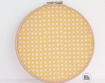 Sunny Yellow Polka Dot Aida Fabric, White Dots Cross Stitch Cloth, Patterned Needlework Canvas, 14ct 16ct 18ct 22ct 25ct