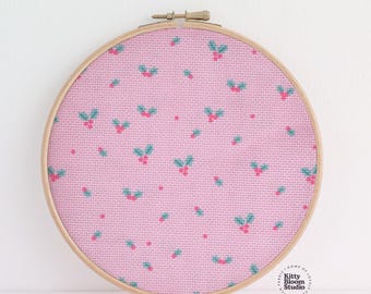 Holly and Berries Pink Christmas Aida. Colourful Festive Cross Stitch Fabric, 14/16/18 Count