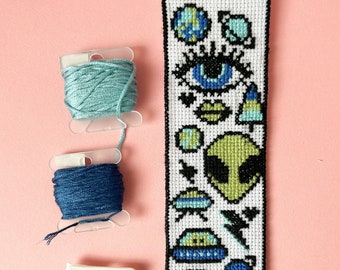 Sci-Fi Cosmic Alien Bookmark Cross Stitch Kit, beginner friendly, cute modern gift