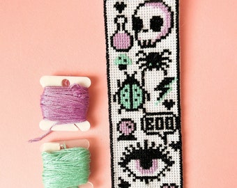 Mystical Magic Fantasy Bookmark Cross Stitch Kit, beginner friendly cute Gothic, alternative modern design