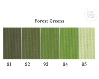 May include: A color palette chart titled Forest Greens featuring five vertical fabric swatches in shades of green labeled 91 through 95. The swatches display a woven texture, ranging from a dark olive green to a light pale lime green.