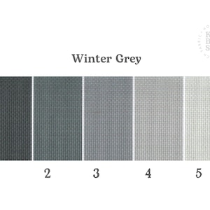May include: A fabric colour chart titled "Winter Grey" showing five grey shades, numbered 1 to 5, from dark charcoal to light grey. The Kitty Bloom Studio logo is in the top right corner. Measurements are not applicable.