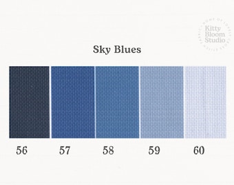 May include: A color palette chart titled Sky Blues featuring five rectangular fabric swatches in shades of blue, labeled 56 through 60. The swatches display a woven texture, ranging from a deep navy blue to a very pale, light sky blue.