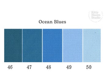 Tecido Aida Ocean Blues. Disponível em 5 lindos tons de azul. Lindo tecido para ponto cruz, cor sólida, 14/16/18 pontos.