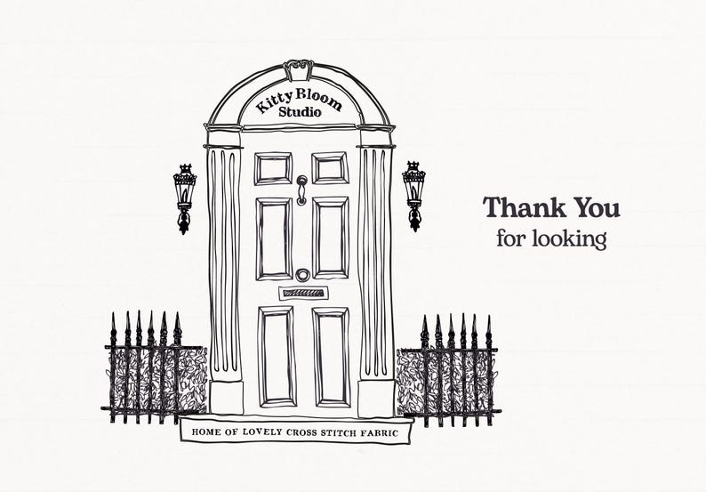 A black and white illustration of a studio entrance with a sign that says "Kitty Bloom Studio" and a decorative arch above the door. There is a small plaque on the door that reads "Home of Lovely Cross Stitch Fabric".