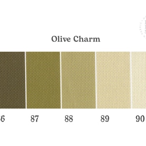 May include: A colour palette chart titled Olive Charm featuring five vertical fabric swatches with a woven texture. The colours range from dark olive green to light cream, labelled with numbers 86, 87, 88, 89, and 90. The Kitty Bloom Studio logo is visible.