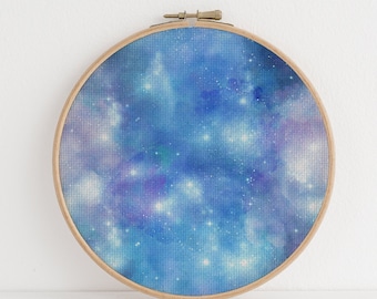 Tissu galaxie bleu Sapphire Odyssey (16 x 11 po.), imprimé espace, ciel nocturne, effet teint Aida, étoiles, univers 14/16/18 unités