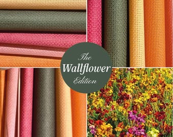 Wallflower Bundle.  5 Bright Coloured Printed Cross Stitch Fabrics, Plus 1 bonus Aida.  14 / 16 / 18  Ct size  9x9"