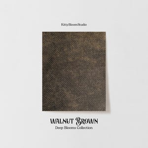 May include: A close-up of a textured fabric swatch in a dark brown colour with a subtle golden hue. The fabric is labelled "WALNUT BROWN Deep Blooms Collection".