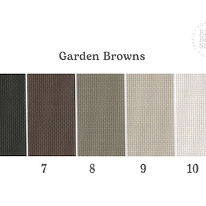 May include: A fabric colour palette titled "Garden Browns" with six swatches in shades of brown, numbered 6 to 10. The Kitty Bloom Studio logo is in the top right corner. The colours range from dark to light.