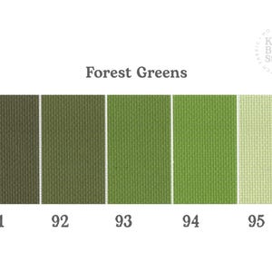May include: A color palette titled "Forest Greens" featuring five shades of green fabric swatches. The swatches are numbered 91 through 95, ranging from dark olive to light green. The Kitty Bloom Studio logo is in the upper right corner.