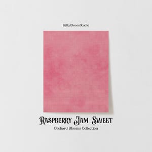 May include: A pink fabric swatch with a subtle, textured pattern. The fabric is labeled "Raspberry Jam Sweet" and "Orchard Blooms Collection".
