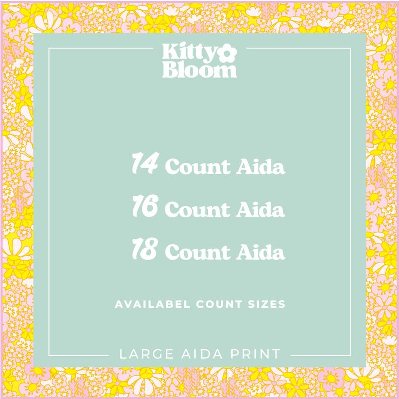 The image is a promotional graphic for a product called "Aida" from the brand "Kitty Bloom". It features a floral pattern surrounding the text and images of the product sizes available.