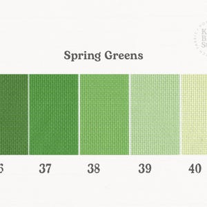 May include: A color chart titled Spring Greens featuring five fabric swatches in shades of green, labeled 36 through 40. The swatches display a woven texture, ranging from a deep forest green to a pale lime green, with the Kitty Bloom Studio logo.