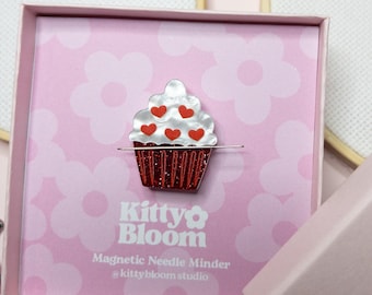 Cute Love Heart Cup Cake Magnetic Needle Minder. Cross Stitch Tool, Embroidery Sewing Accessory. Stocking Filler Crafty Gift