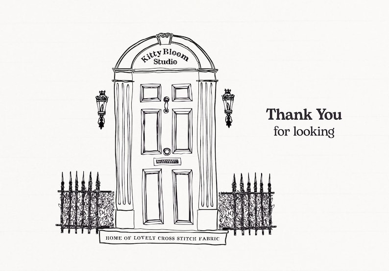 A black and white illustration of a studio entrance with a sign that says "Kitty Bloom Studio" and a decorative arch above the door. There is a small plaque on the door that reads "Home of Lovely Cross Stitch Fabric".