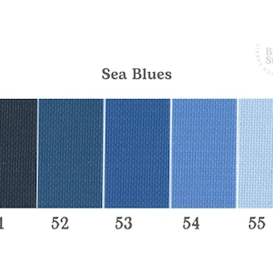 May include: A color palette titled Sea Blues featuring five vertical fabric swatches in shades of blue, labeled 51 through 55. The fabric has a visible woven texture. The Bloom Studio logo is visible in the top right corner of the image.
