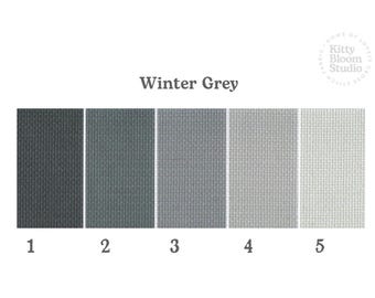 May include: A color palette chart titled Winter Grey featuring five rectangular fabric swatches in a gradient from dark charcoal to light silver-grey. Each swatch is numbered one through five, and the Kitty Bloom Studio logo is in the corner.