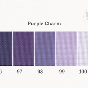 May include: Five fabric swatches in shades of purple, ranging from dark to light. The swatches are labeled 96, 97, 98, 99, and 100. The text "Purple Charm" is at the top of the image.