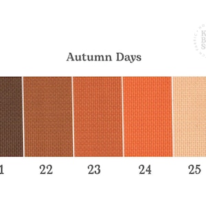 Könnte beinhalten: Eine Farbpalette mit dem Titel Autumn Days, die fünf Stoffmuster in den Farbtönen Dunkelbraun, Kupfer, Rost, leuchtendes Orange und Creme zeigt. Jedes Muster ist unten mit den Nummern 21 bis 25 versehen. Das Kitty Bloom Studio Logo ist oben.