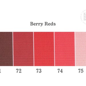Op de afbeelding: Een kleurenpalet getiteld "Berry Reds" met vijf stoffen stalen in roodtinten. De stalen zijn genummerd van 71 tot en met 75, variërend van een diep bordeauxrood tot een lichtroze. De stof heeft een geribbelde textuur.
