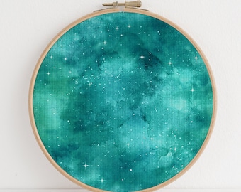 Starry Jade Green Odyssey (16" x11”) Galaxy Fabric, Space Pattern Print,Night Sky, Dyed Effect Aida, Stars, Universe 14/16/18 Count