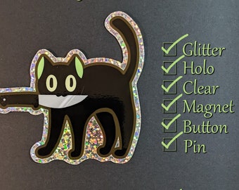 Holographic Knife Cat Stickers | Clear Sticker | Pins | Danger Cat | Scythe Cat | Cute Black Cat | Cat with Knife | Funny Black Cat