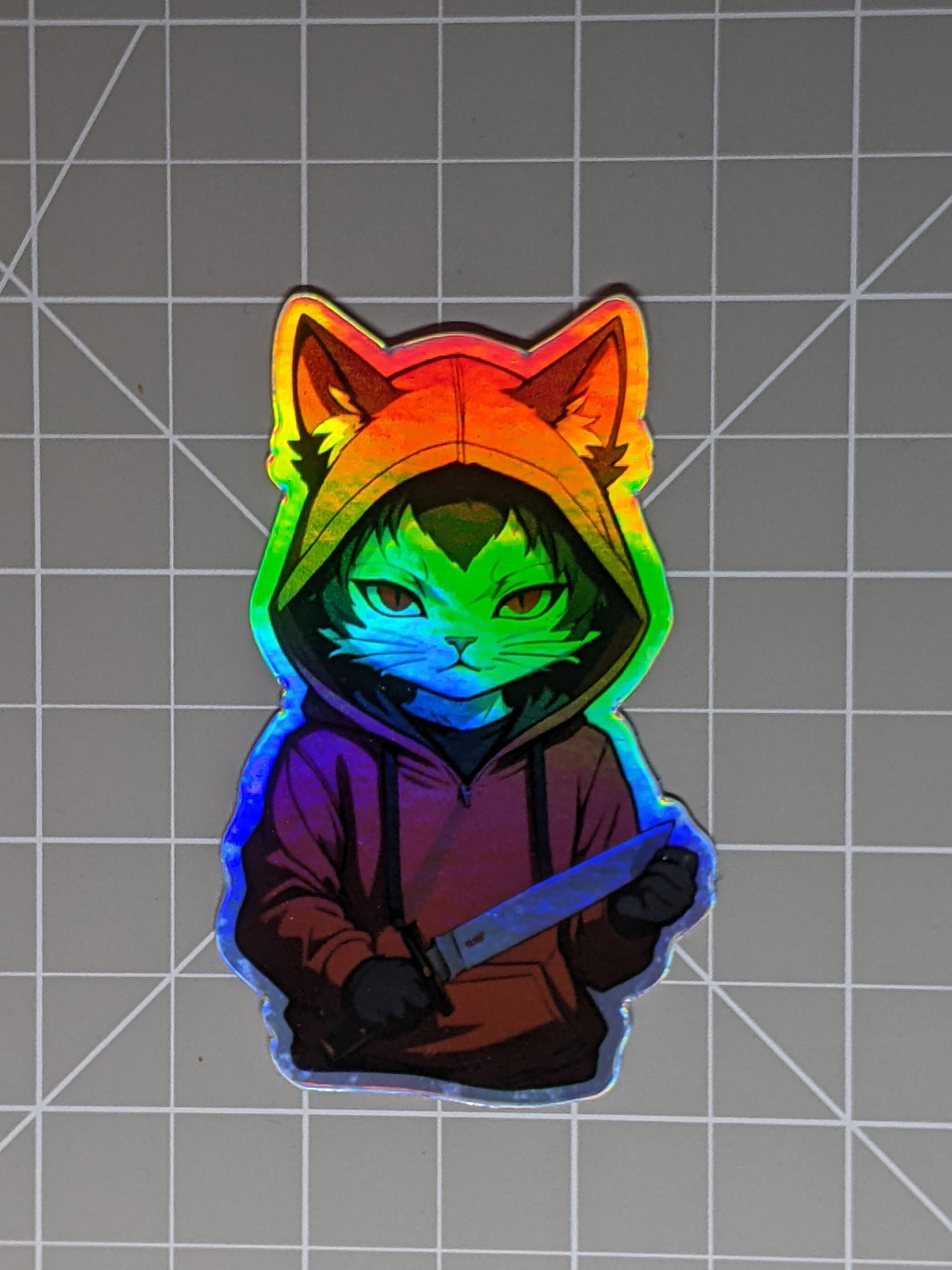 Catboy in Hoodie With Knife Die Cut Sticker | Holographic Sticker ...