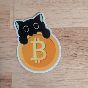May include: A black cat sticker with big eyes holding a yellow and orange Bitcoin coin sticker.