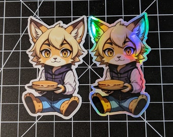 May include: Two holographic stickers of a cartoon fox character holding a plate of pancakes. The fox is wearing a blue jacket, blue jeans, and brown shoes. The stickers are on a white background.