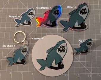 Shark Cat Holographic / Glitter Sticker | Magnets | Coasters | Cat in a shark costume | Funny Black Cat | Cute Cat Key Chains | Cat Pins