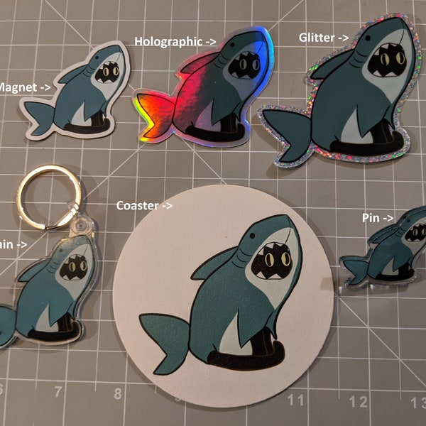 Shark Cat Holographic / Glitter Sticker | Magnets | Coasters | Cat in a shark costume | Funny Black Cat | Cute Cat Key Chains | Cat Pins
