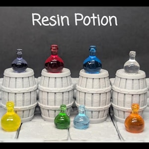 May include: Miniature resin potion bottles in various colors, including blue, red, and yellow, are displayed on top of white barrel-shaped stands. The image includes the text "Resin Potion" at the top.
