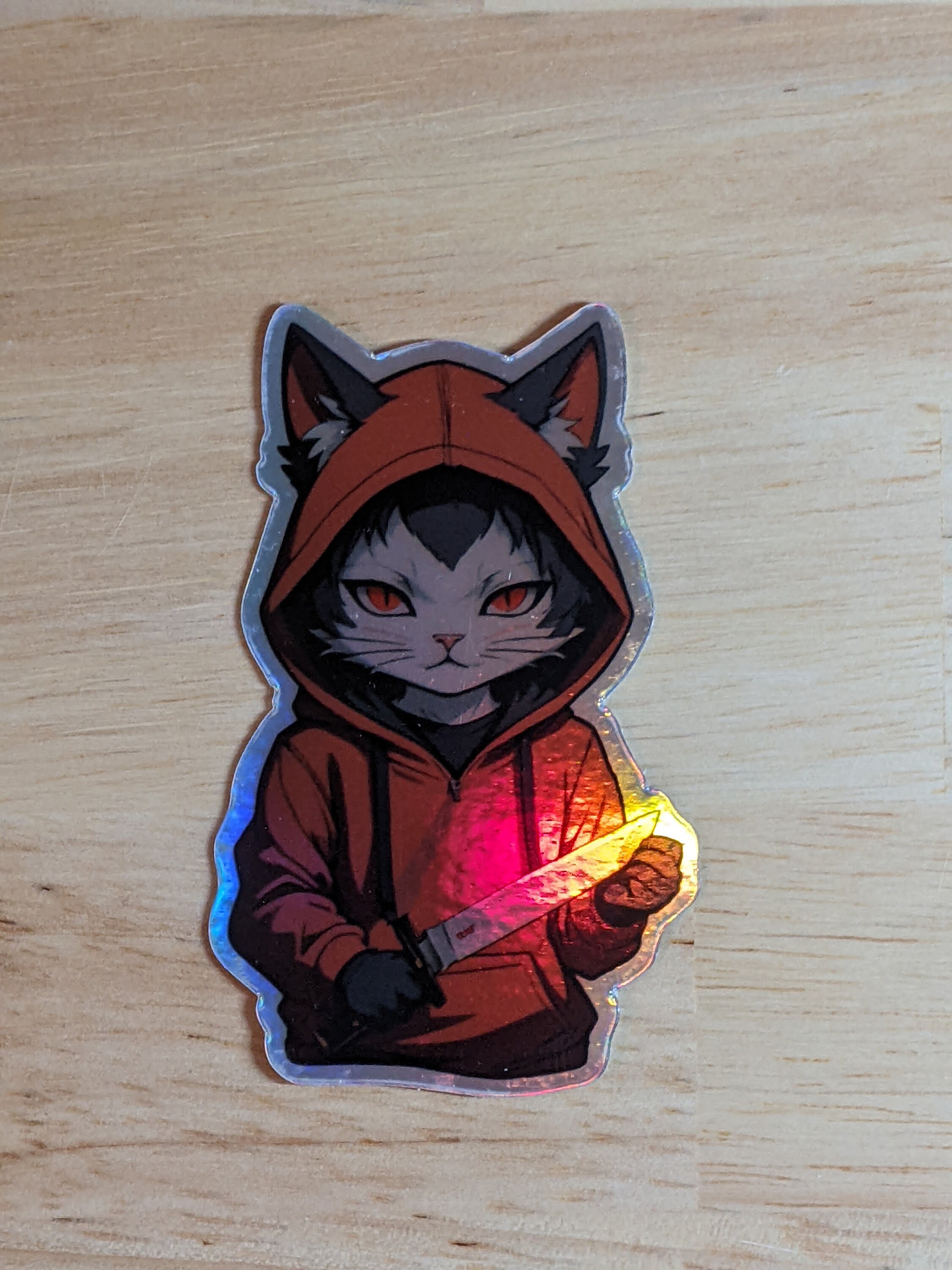 Catboy in Hoodie With Knife Die Cut Sticker | Holographic Sticker ...