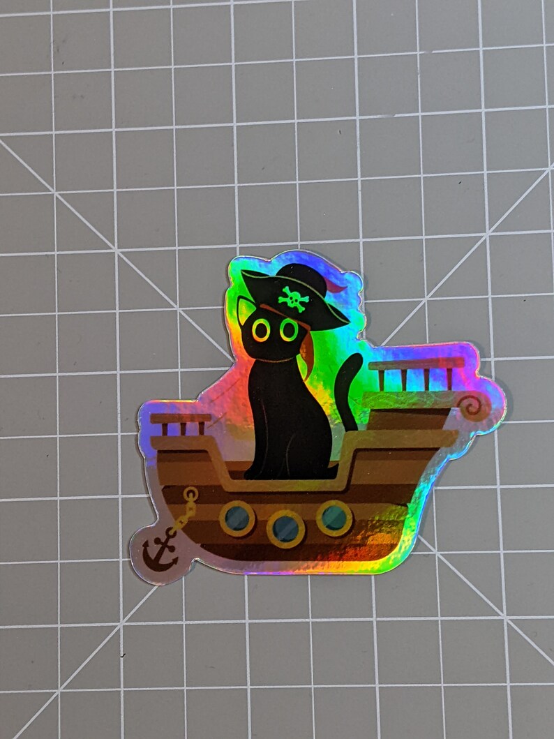 Pirate Ship Cat Holographic Sticker | Cute Black Cat on a Pirate Ship ...
