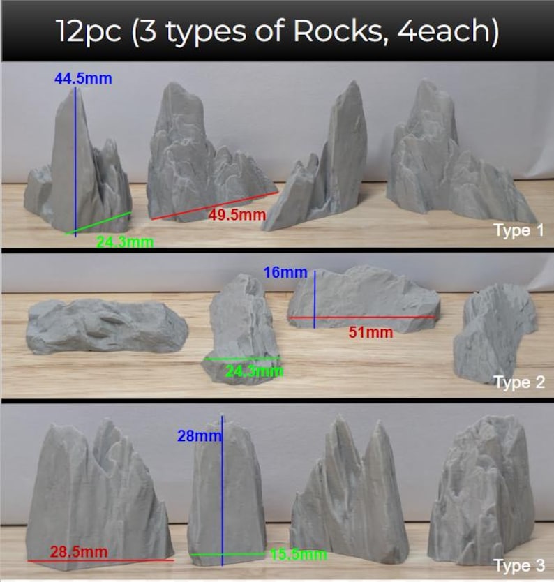 May include: A collection of twelve grey artificial rocks, divided into three types with four of each. The largest rock measures 44.5mm high and 49.5mm wide. The image includes text: "12pc (3 types of Rocks, 4each)".